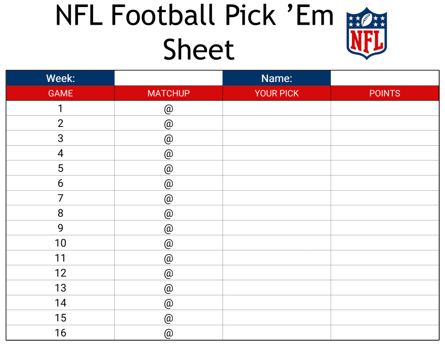 Blank NFL Pick ’Em Sheets template with space for team matchups, player picks, and optional score tiebreaker.