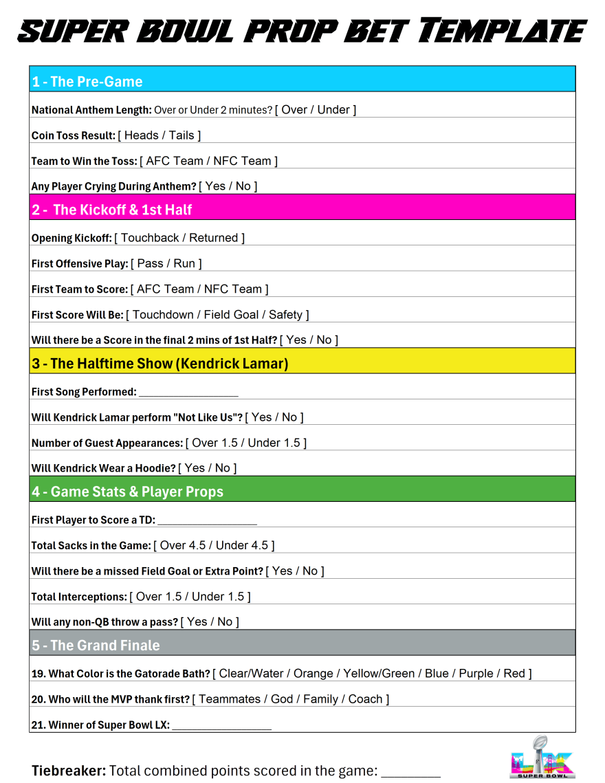 2026 Super Bowl Prop Bet Sheet printable with modern visual design.