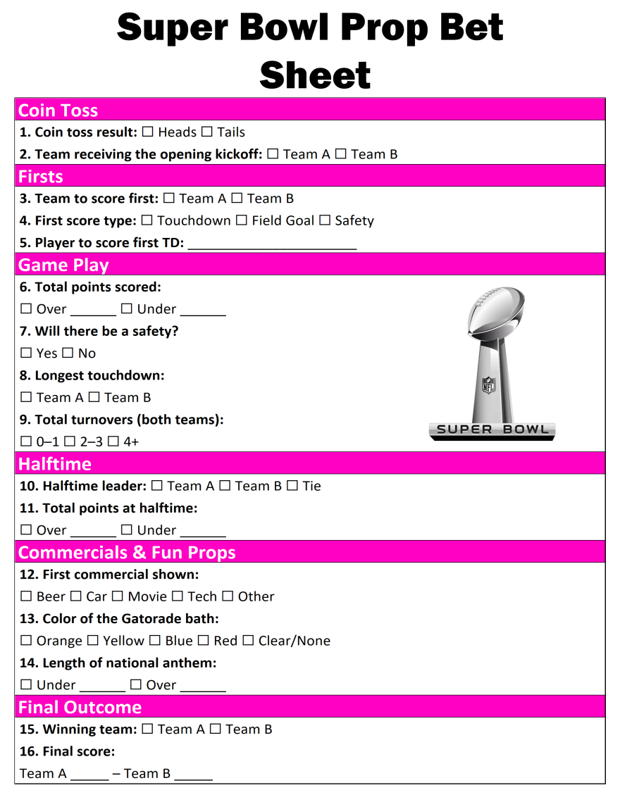 Free, Printable 2026 Super Bowl Prop Bet Sheet Template – Print 1 Free ...