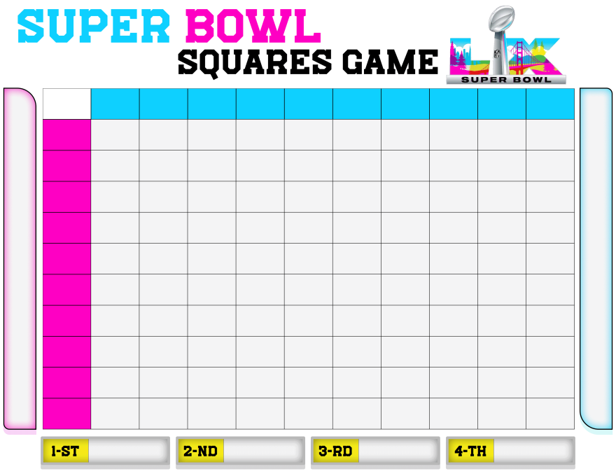 Print NFL Block Pool Template and Super Bowl Boxes (PDF) A professional Super Bowl squares PDF layout with a bold "Football Squares" title and a clean 10x10 grid for game day betting.